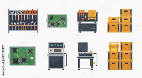 Collection of industrial equipment including tools, electronics, and storage boxes, representing manufacturing and logistics processes