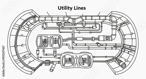 Diagram of an advanced underground infrastructure system with interconnected utility lines and technological components