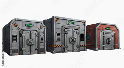 Three modular industrial storage units featuring heavy metal doors. Robust 3D assets for game environments, architectural visualization, and secure facility designs