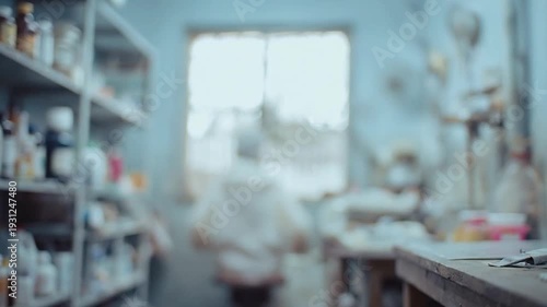 Blurred view of a person working in a laboratory or workshop with shelves full