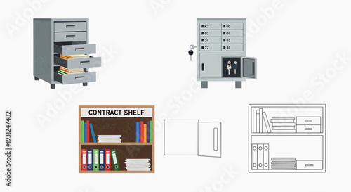Office document storage and security solutions with filing cabinets, open safes, and various shelves for efficient organization and asset protection
