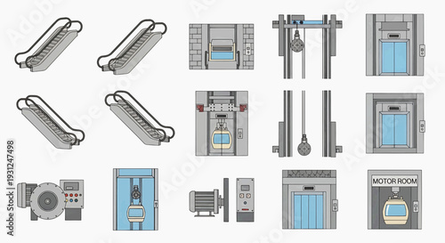 Isometric vector set of elevator and escalator components, showing mechanisms, shafts, doors, motors, and control panels, suitable for architectural engineering design