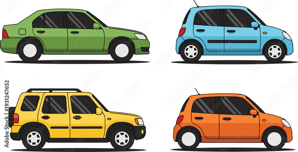 Obraz premium Car Side View Set Compact Sedan Hatchback and SUV Vehicle Collection Flat Vector Illustration