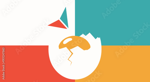 Flat Illustration of Cracked Egg with Shiny Detail in 3 Colors