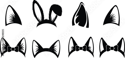 Animal Ears Silhouette Set Cute Headband Accessories Bunny and Cat Ear Collection Black Vector Illustration