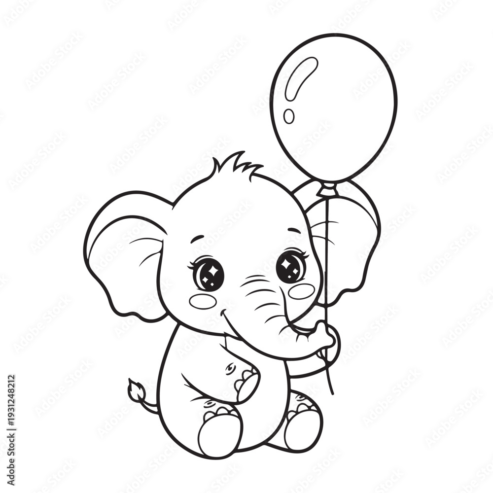 Obraz premium Kawaii Baby Elephant Holding Balloon Coloring Page