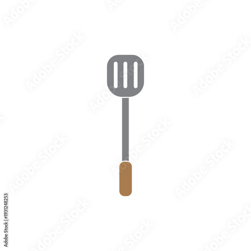 Flat vector illustration of a stainless steel slotted spatula with wooden handle, isolated on white. Kitchen utensil icon.