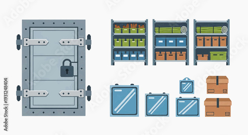 A large metal safe with a padlock sits beside shelves filled with boxes and briefcases.