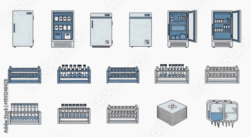 Electrical panels and industrial control systems are shown in a technical illustration setting.