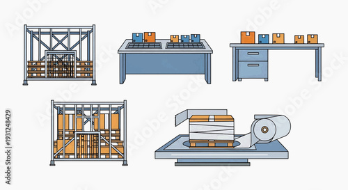 Industrial workers operate machinery and organize boxes in a factory setting daily