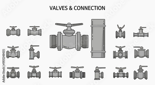 Various industrial valves and connections are shown in a detailed technical illustration.