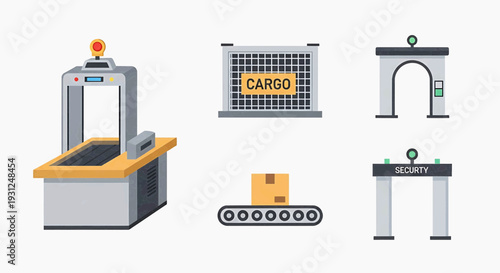 A security checkpoint scene with scanner, gate, conveyor belt, and archway at airport