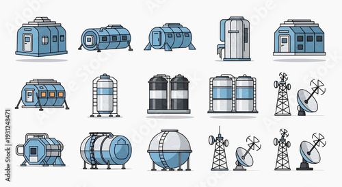 Industrial Technology Illustration of Various Factory Equipment and Machinery in a Modern Setting