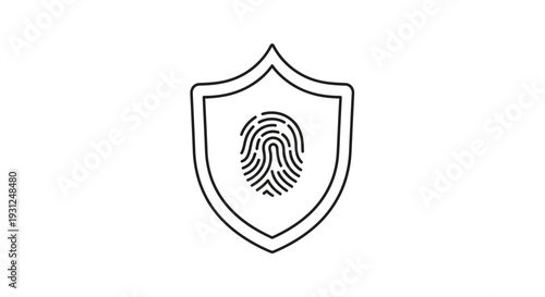 A simple line drawing of a shield with a fingerprint inside it, symbolizing security and identity verification, presented in a minimalist style on a plain background from a straightforward viewpoint