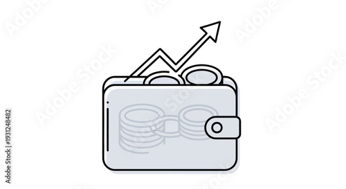 A simple line drawing of a wallet with coins and an upward trending graph indicating financial growth and increased savings