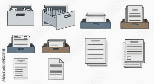 A collection of file folders and documents are organized on desks and shelves indoors