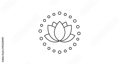 A serene lotus flower illustration surrounded by a circle of small dots, symbolizing spiritual growth and harmony in a minimalist design style from a straightforward viewpoint