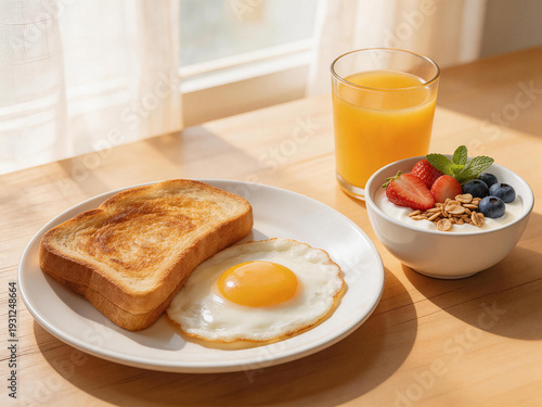 A breakfast plate with toast and a fried egg sits on a wooden table beside a bowl of yogurt with fruit and a glass of orange juice.
