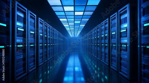 A long corridor of computer server racks in a data center with blue lighting