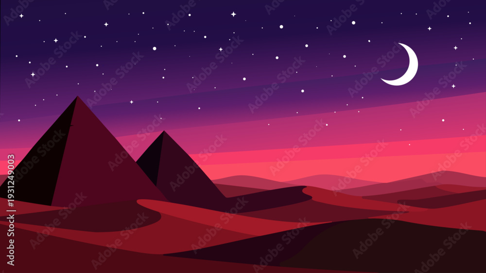 Obraz premium A minimalist landscape featuring pyramids silhouetted against a starry night sky.