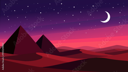 A minimalist landscape featuring pyramids silhouetted against a starry night sky.