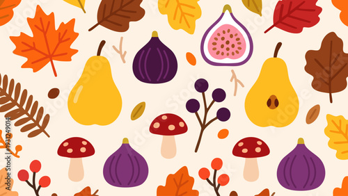 Autumnal pattern featuring colorful leaves, pears, figs, and mushrooms.