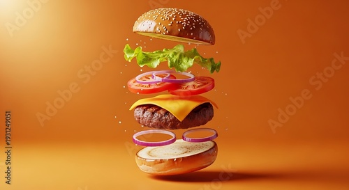 Delicious burger ingredients stacked high.
