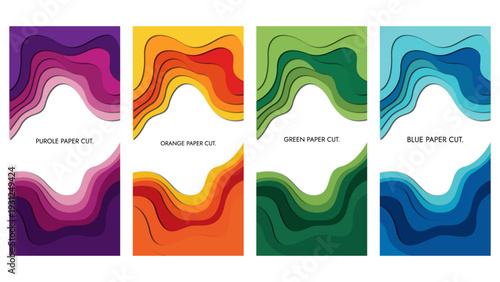 Four colorful abstract paper cut designs in shades of purple, orange, green, and blue