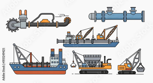Heavy machinery and industrial ships with cranes at construction harbor site