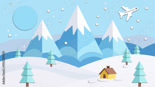 A serene winter landscape featuring snow-covered mountains and a distant airplane.