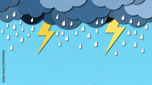 A papercraft style illustration depicts a stormy scene with rain and lightning.