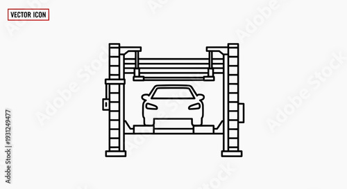 A car is lifted on a hydraulic parking lift in a garage bay for storage
