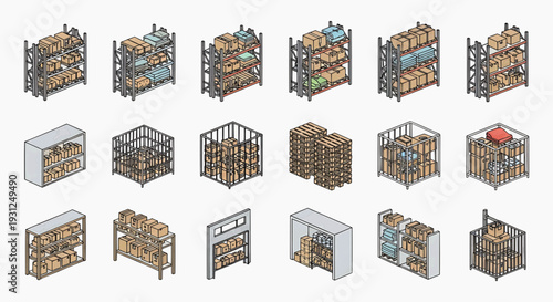 A collection of various storage crates and shelves filled with boxes in a warehouse setting shown from a front viewpoint.