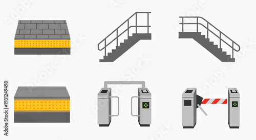 An illustration of various access control and architectural elements including gates and stairs