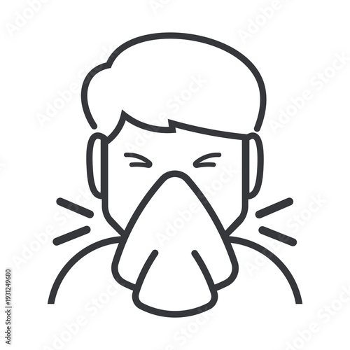 Isolated outline illustration of a man sneezing into tissue symbolizing flu cold fever illness respiratory infection hygiene health awareness