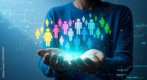 Person holding glowing human figures network connection concept people communication