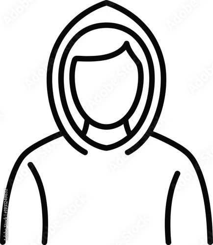 Simple line drawing depicting a hooded figure with visible face and shoulders