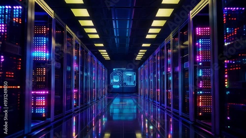 A long corridor of server racks with colorful lights in a data center