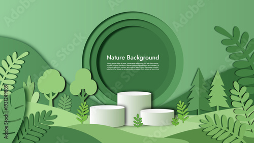 Minimalist green paper art with podium and natural elements display.