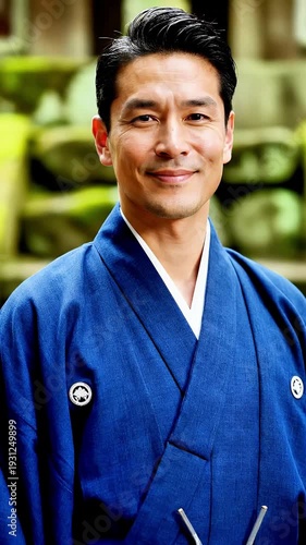 Portrait of a smiling Japanese man wearing a traditional blue kimono with crest details conveying respect heritage and cultural pride in a formal setting