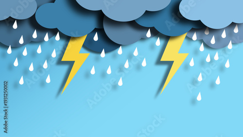 A papercraft illustration depicts a stormy weather scene with rain and lightning.