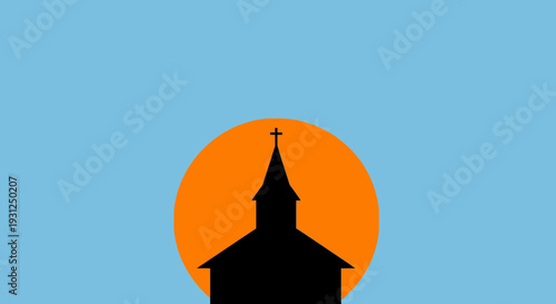 Minimal Church Building Silhouette with Sun Circle Flat Vector