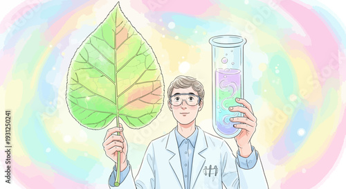 Scientist Holding Leaf and Test Tube.