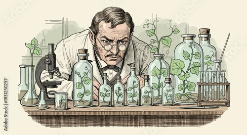 Man in lab coat examining laboratory equipment.