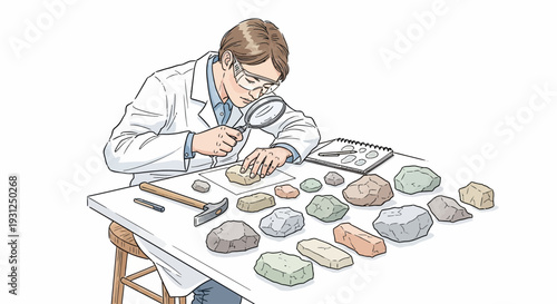 Scientist Examining Rocks with Magnifying Glass.