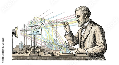 Man Examining Prism with Light Refraction.