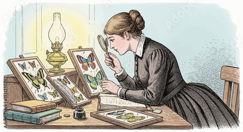 Woman Examining Butterfly Specimens with Magnifying Glass.
