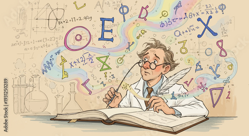 Scientist Studying Mathematical Equations in a Book.