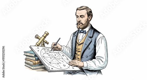 Man Studying Astronomy with Maps and Instruments.