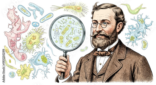 Man Examining Bacteria with Magnifying Glass.